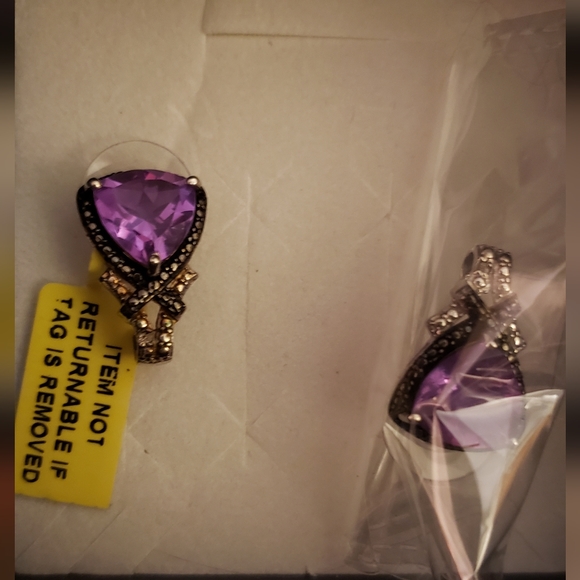 Lavender Alexite & Black Diamond J-Hoop Earrings, 925 Silver, TGW 6.28 Carats - Picture 5 of 7